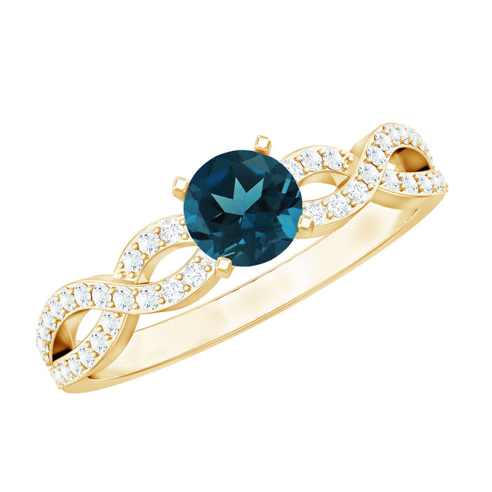 Round blue topaz infinity engagement ring with diamonds from Rosec Jewels, featuring a sleek band and sparkling gemstone accents.