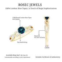 Round blue topaz infinity engagement ring with diamond accents, featuring a silver band and intricate design by Rosec Jewels.