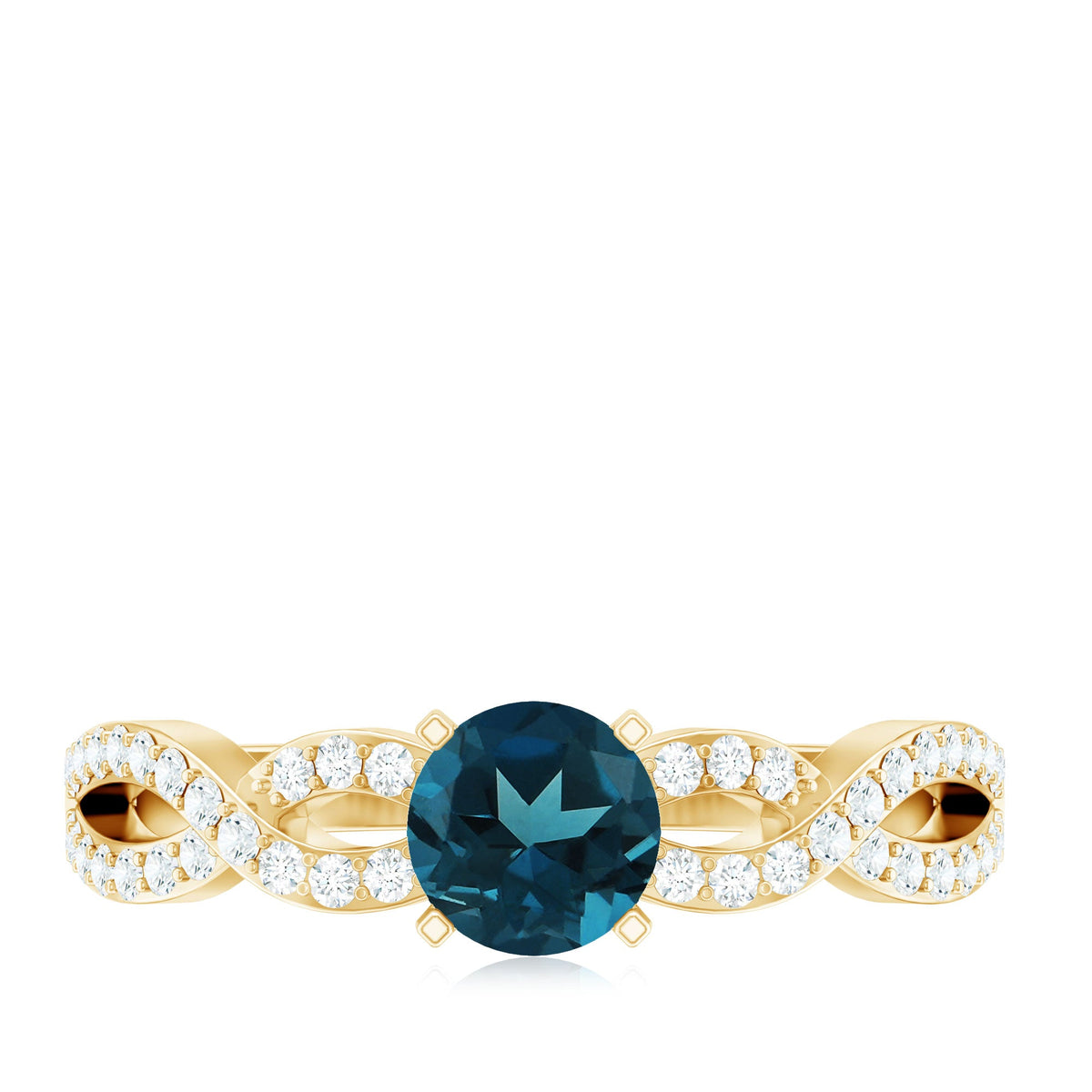 Round Blue Topaz infinity engagement ring with diamonds by Rosec Jewels, featuring a blue topaz centerpiece and sparkling diamond accents.