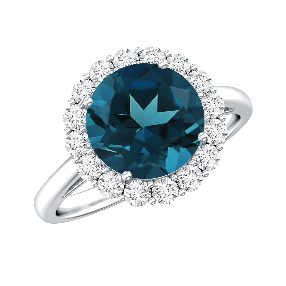 Rosec Jewels 2 Carat round London Blue Topaz engagement ring with diamond halo, showcasing a classic design and sparkling gemstone.