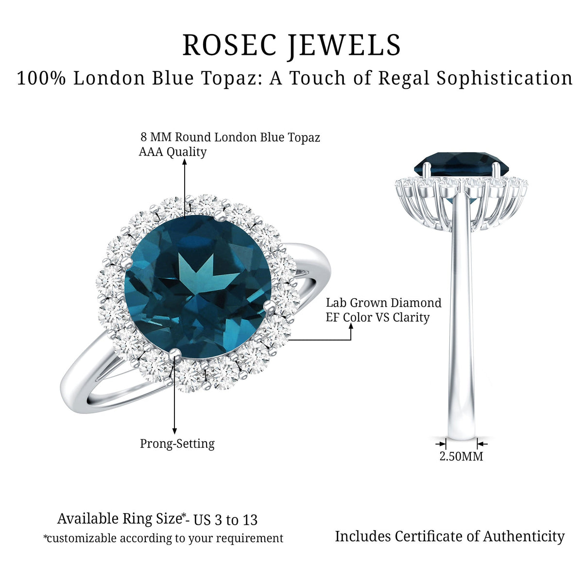 Two-carat round London Blue Topaz engagement ring with diamond halo and rose gold band from Rosec Jewels.