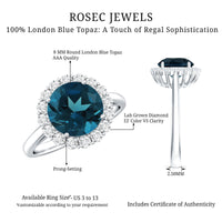 Two-carat round London Blue Topaz engagement ring with diamond halo and rose gold band from Rosec Jewels.