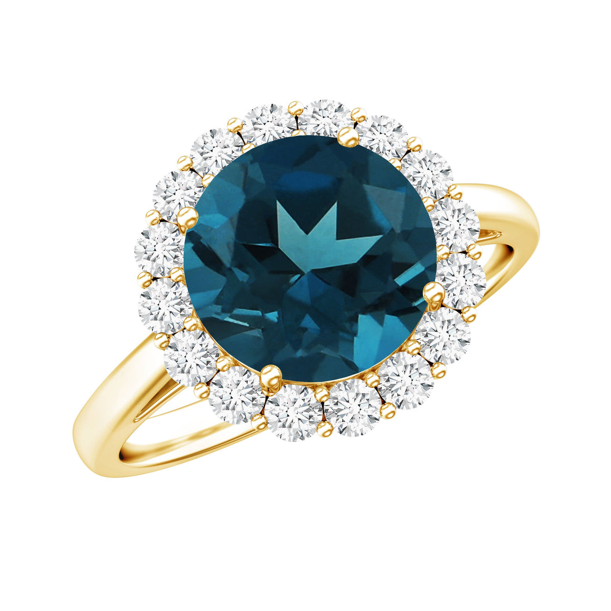 Round London Blue Topaz engagement ring with diamond halo, 2 carats, set in a classic style by Rosec Jewels.