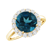 Round London Blue Topaz engagement ring with diamond halo, 2 carats, set in a classic style by Rosec Jewels.
