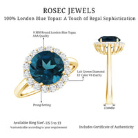 Rosec Jewels 2 Carat round London Blue Topaz engagement ring with diamond halo, showcasing a stunning blue gemstone and elegant design.
