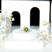 2 Carat Round Peridot and Diamond Halo Engagement Ring