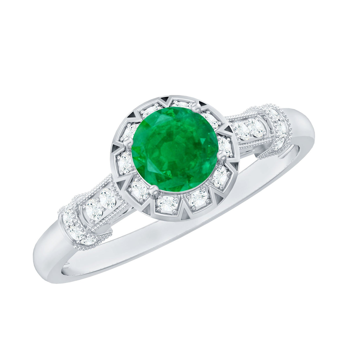 Vintage-inspired emerald engagement ring with diamond accents by Rosec Jewels, showcasing intricate design and sparkling gemstones.