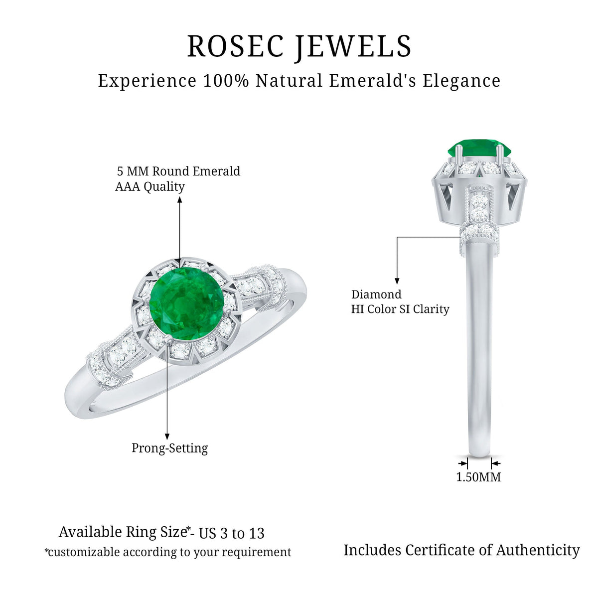 Vintage-inspired emerald engagement ring with diamond accents from Rosec Jewels, showcasing a detailed design and sparkling gemstones.