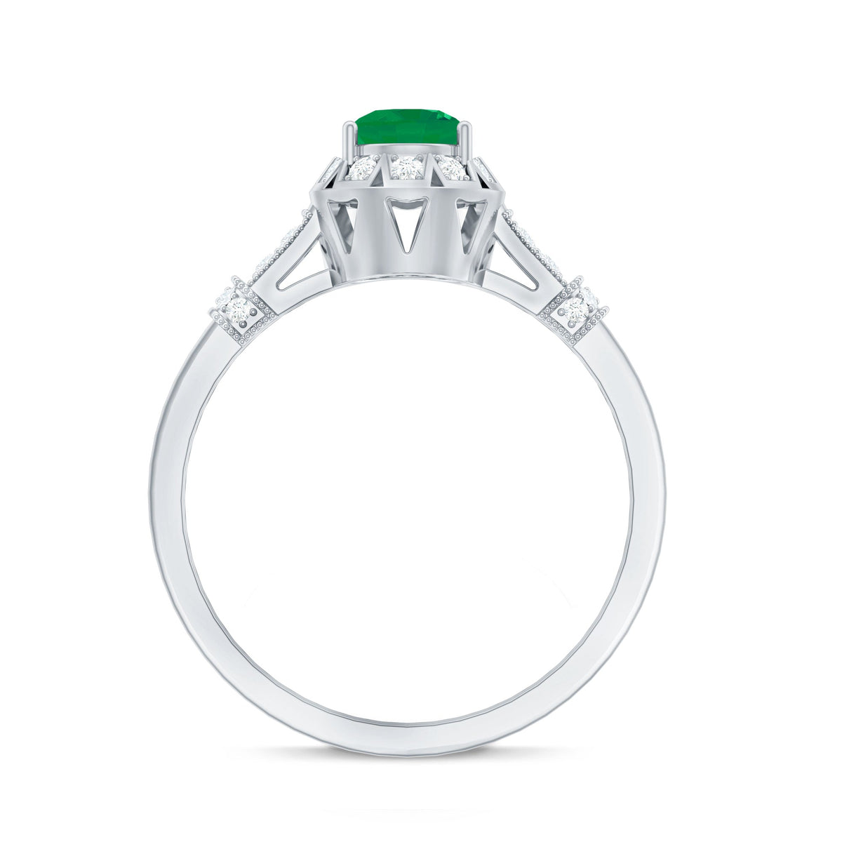 Vintage-inspired emerald engagement ring with diamond accents by Rosec Jewels, showcasing intricate design and sparkling gemstones.