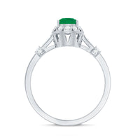 Vintage-inspired emerald engagement ring with diamond accents by Rosec Jewels, showcasing intricate design and sparkling gemstones.