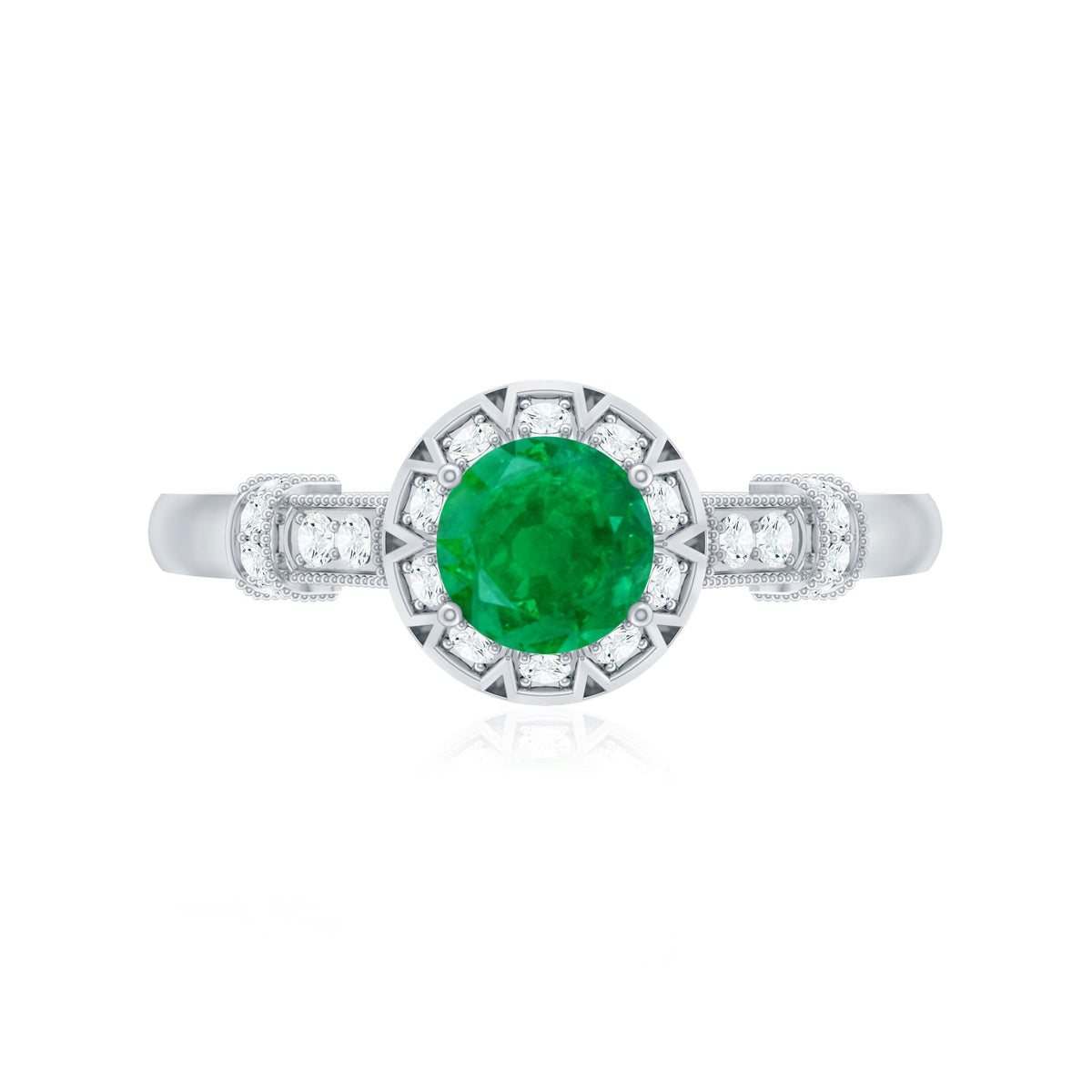Vintage-inspired emerald engagement ring with diamond accents from Rosec Jewels, featuring a detailed band and vibrant green gemstone.