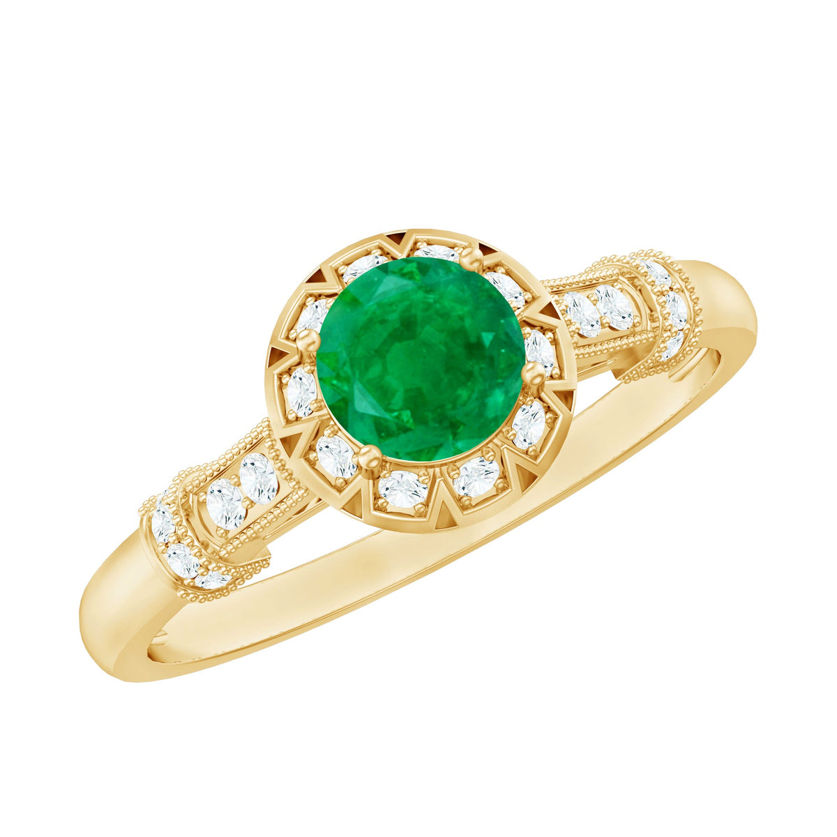 Vintage-inspired emerald engagement ring with diamond accents from Rosec Jewels, showcasing a detailed gold band and sparkling gemstones.