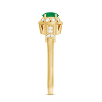 Vintage-inspired emerald engagement ring with diamond accents, featuring detailed design and rose gold finish from Rosec Jewels.