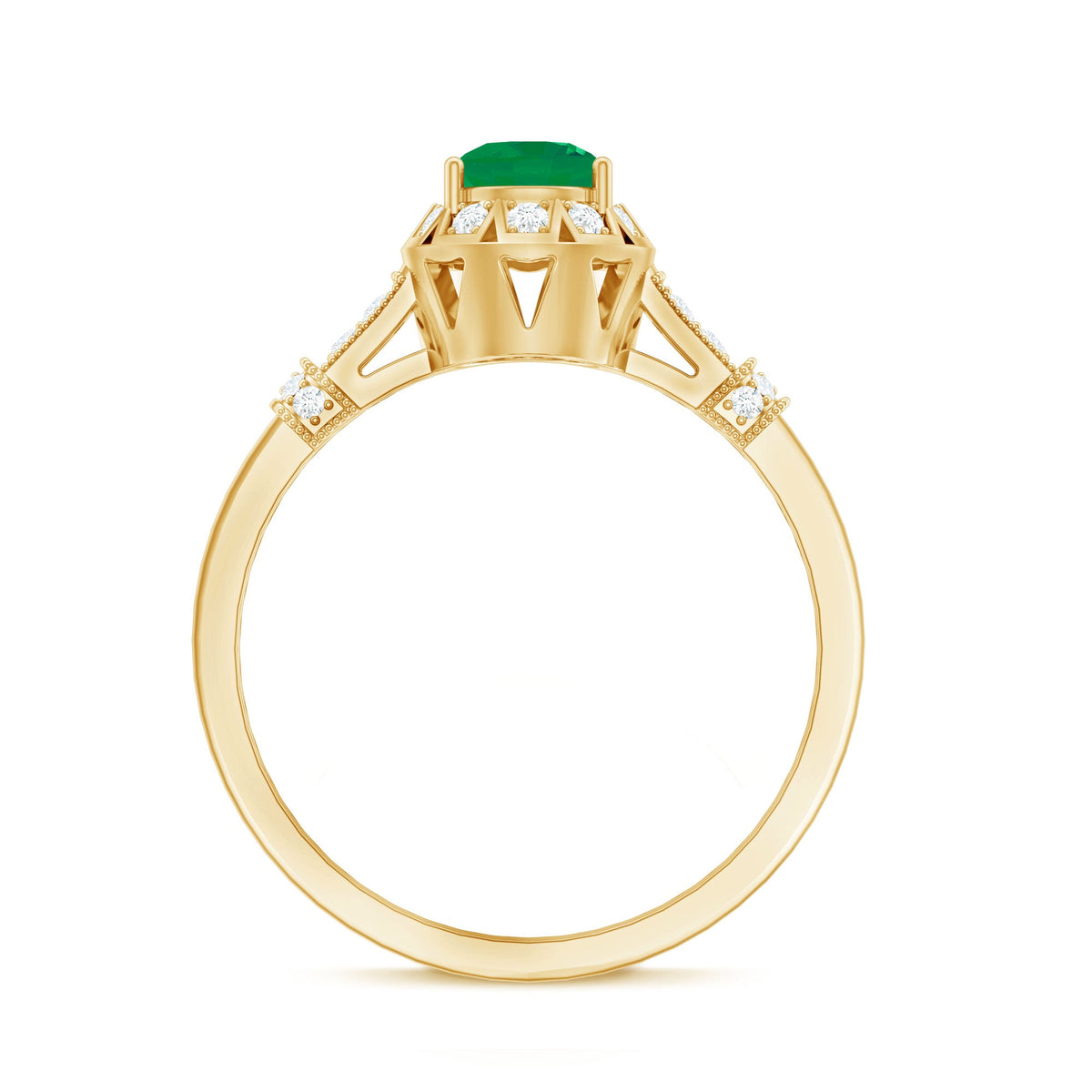 Vintage-inspired emerald engagement ring with diamond accents from Rosec Jewels, showcasing a detailed gold band and sparkling gemstones.