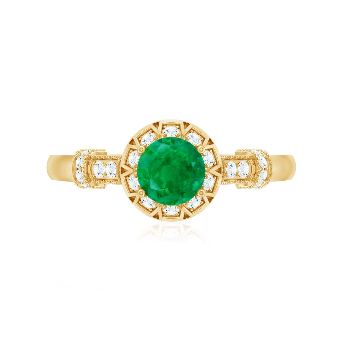 Vintage-inspired emerald engagement ring with diamond accents by Rosec Jewels, featuring intricate metalwork and a vibrant emerald gemstone.