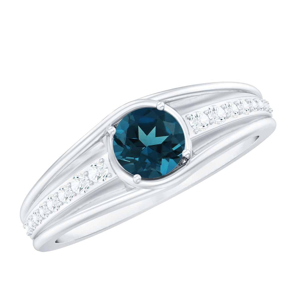 Genuine London Blue Topaz engagement ring with diamond side stones, featuring a silver band and intricate detailing.