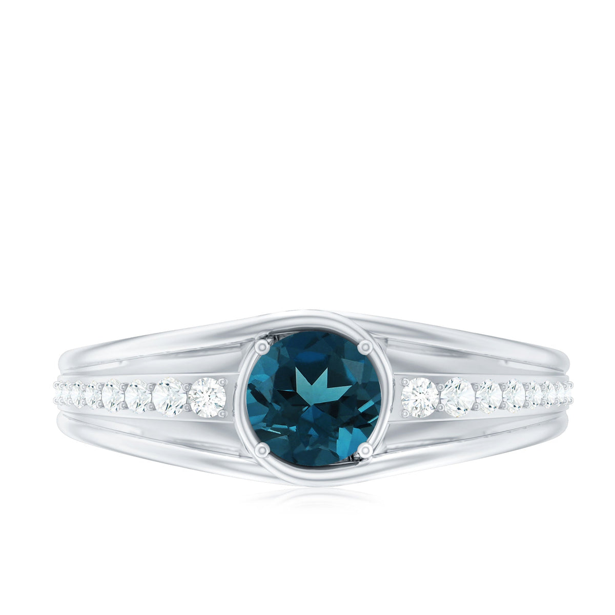 Rosec Jewels London Blue Topaz engagement ring with diamond side stones, showcasing a vibrant blue gemstone and sparkling accents.