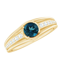 Genuine London Blue Topaz engagement ring with diamond side stones from Rosec Jewels, featuring a silver band and sparkling accents.