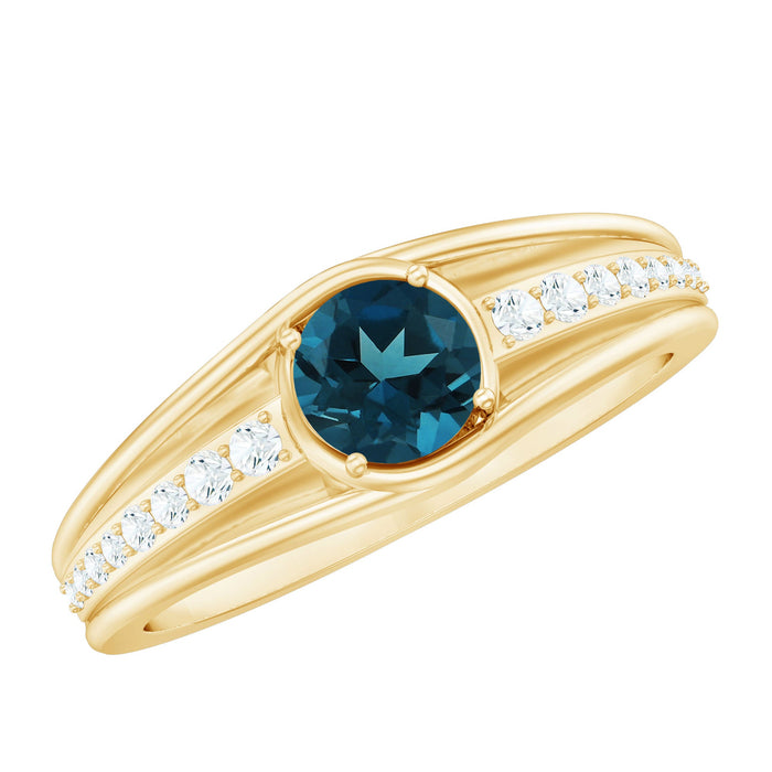 Genuine London Blue Topaz engagement ring with diamond side stones from Rosec Jewels, featuring a silver band and sparkling accents.
