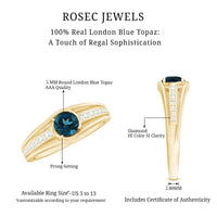 Genuine London Blue Topaz engagement ring by Rosec Jewels with diamond side stones, showcasing the ring's elegant design and gemstone details.