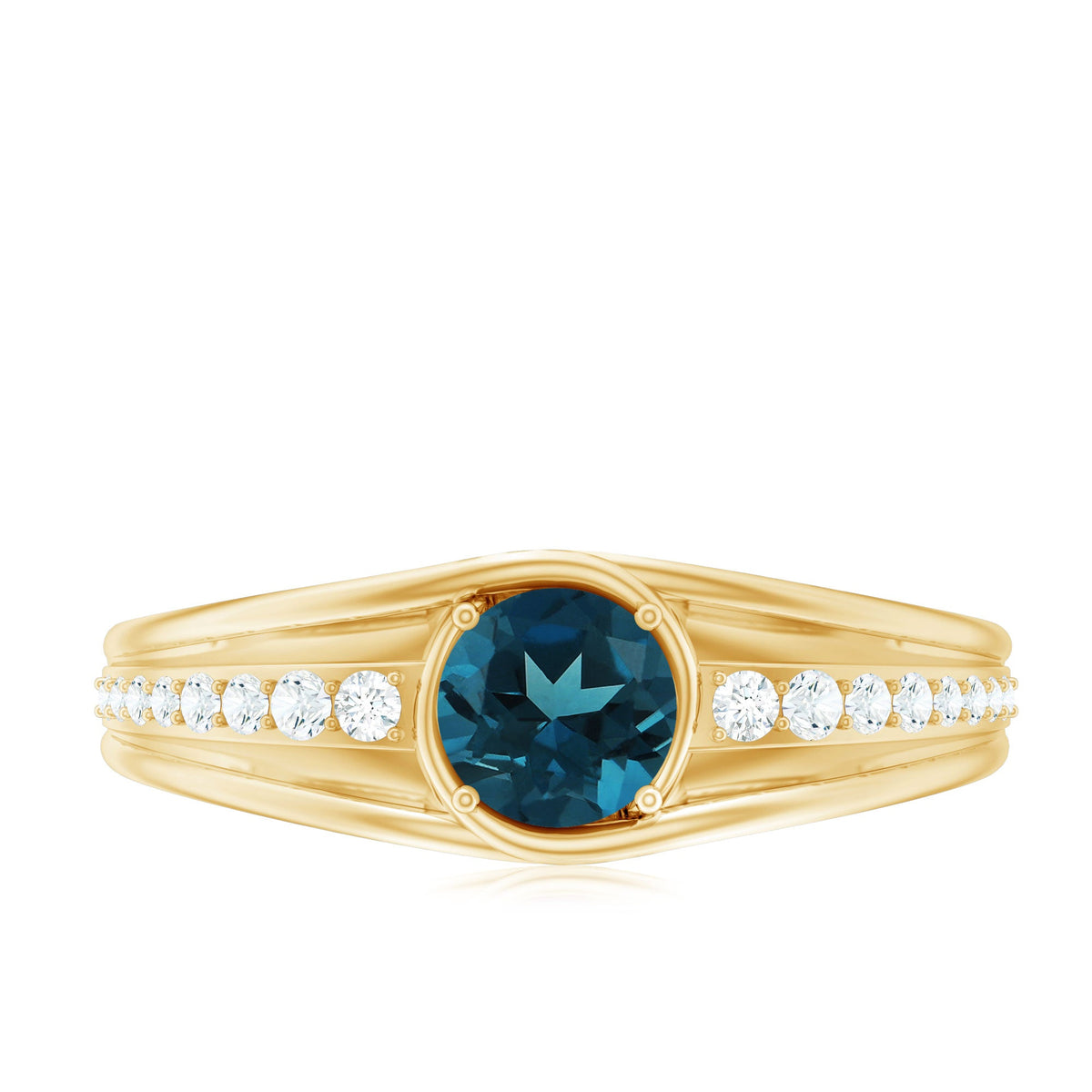 Genuine London Blue Topaz engagement ring with diamond side stones, featuring a silver band and intricate design by Rosec Jewels