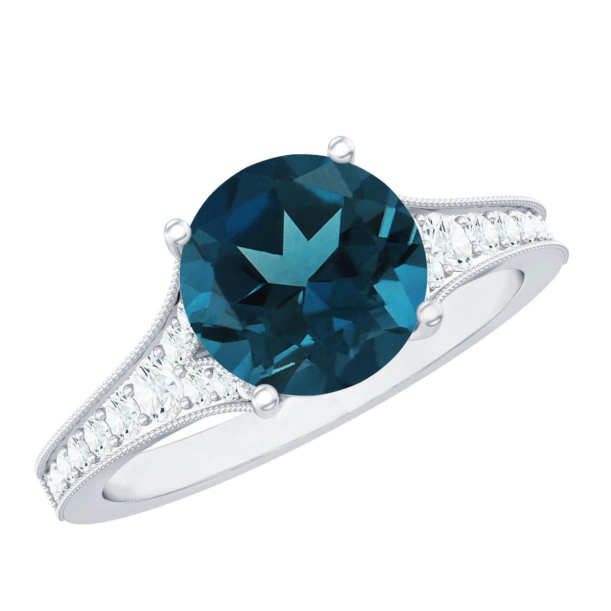 Natural London Blue Topaz and diamond engagement ring by Rosec Jewels featuring a central blue topaz gemstone with diamond accents.