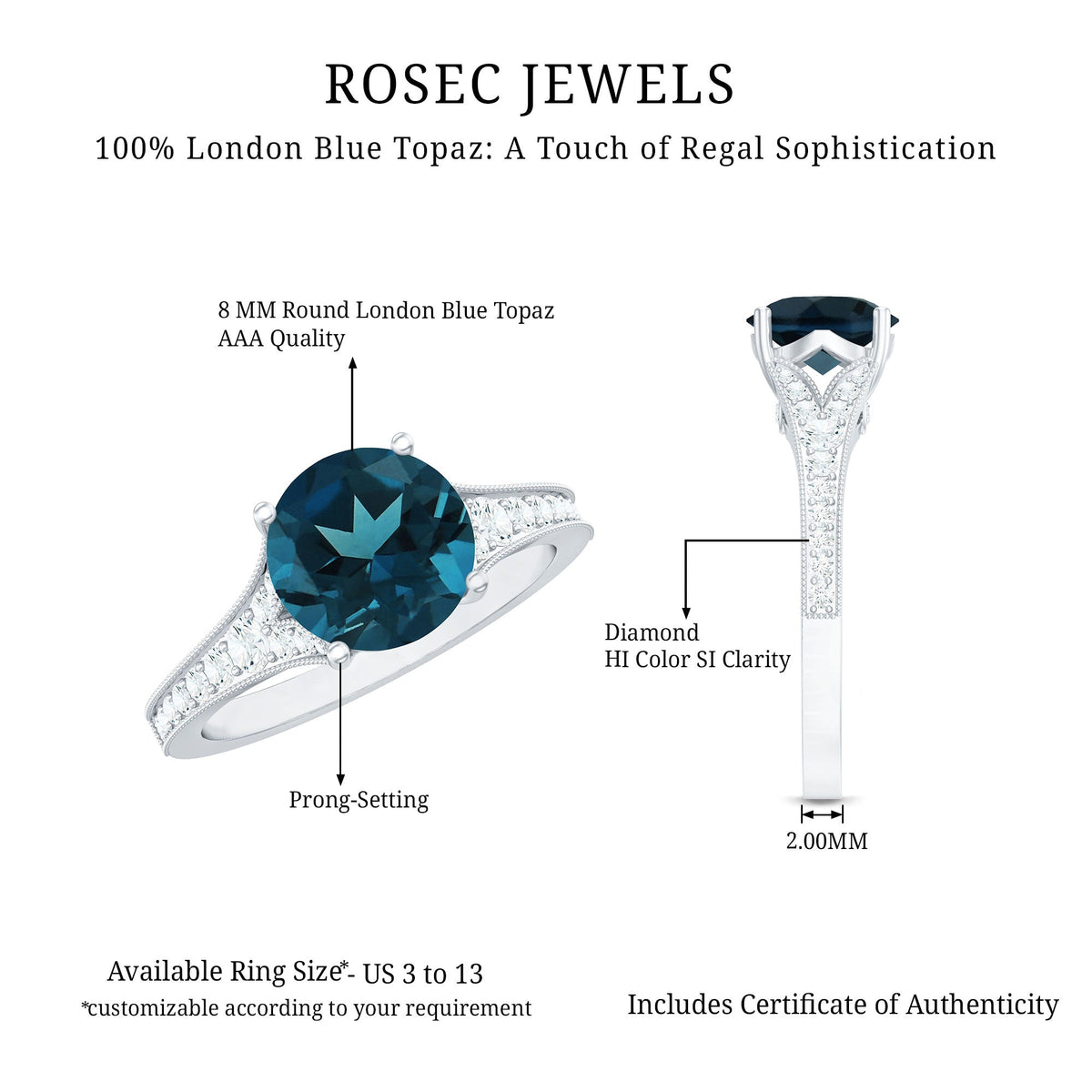 Natural London Blue Topaz and diamond engagement ring with a silver band, featuring a large blue topaz gemstone and sparkling diamonds.