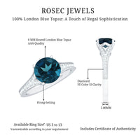 Natural London Blue Topaz and diamond engagement ring with a silver band, featuring a large blue topaz gemstone and sparkling diamonds.