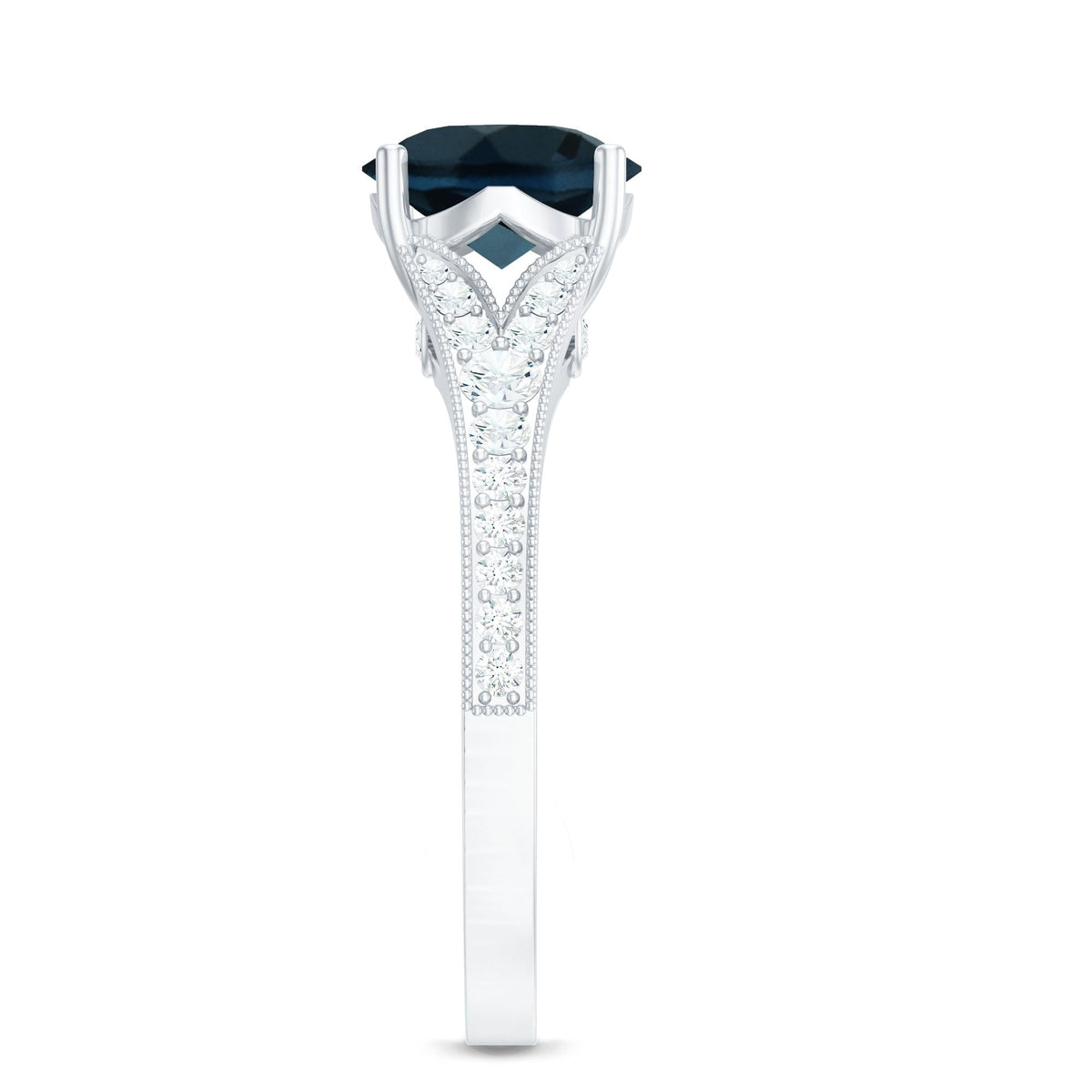 Natural London Blue Topaz and diamond engagement ring by Rosec Jewels featuring a vibrant blue topaz gemstone and sparkling diamonds.
