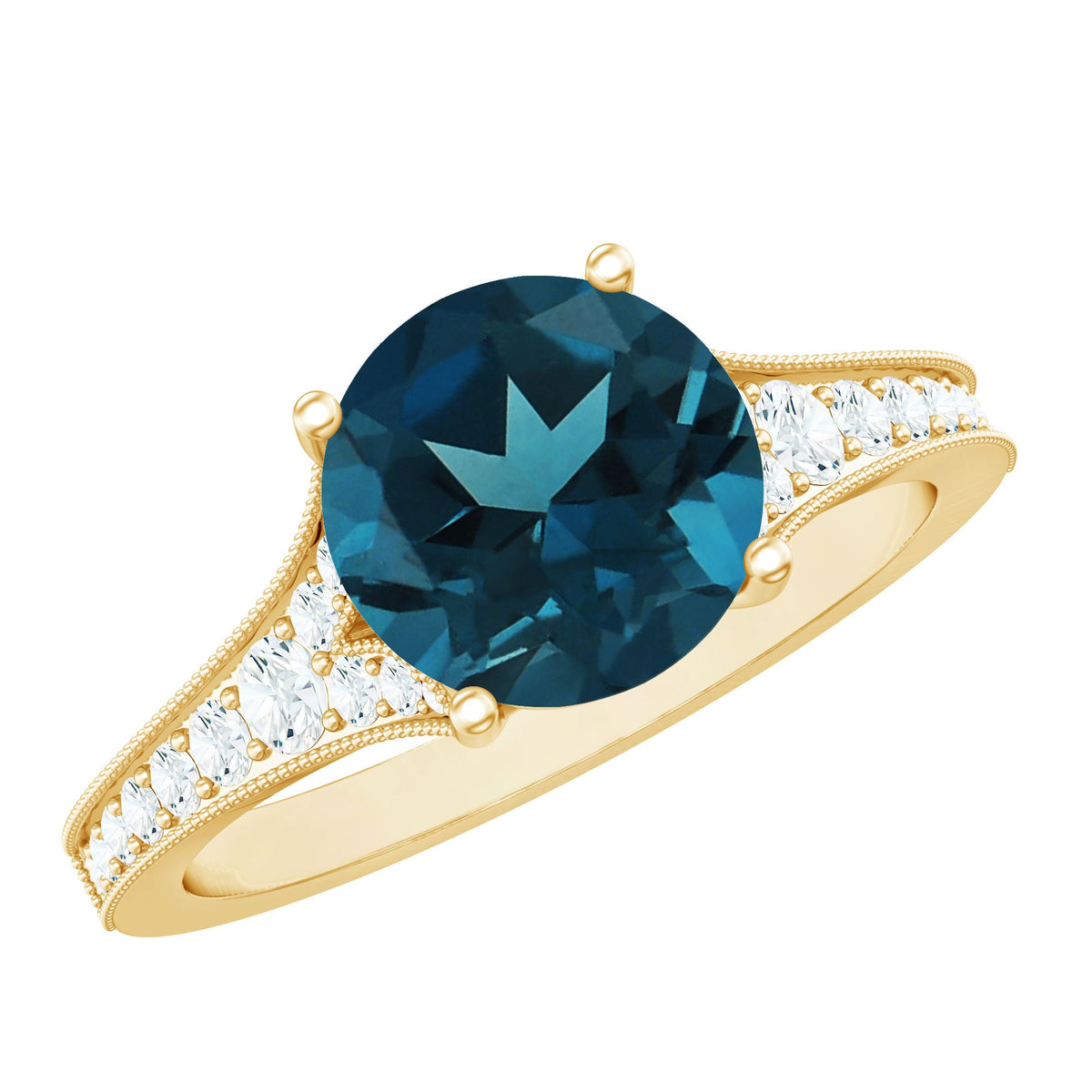Natural London Blue Topaz and diamond engagement ring by Rosec Jewels featuring a central blue topaz gemstone and sparkling diamonds.