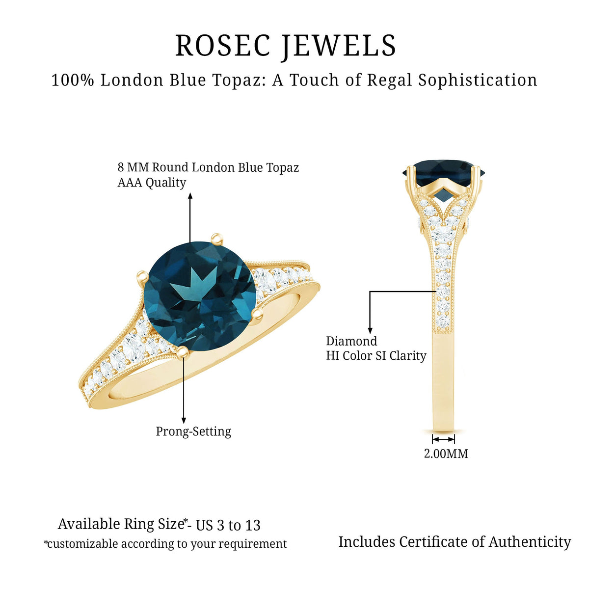 Rosec Jewels London Blue Topaz and Diamond engagement ring featuring a large blue topaz center stone with diamond accents on a silver band.
