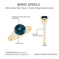 Rosec Jewels London Blue Topaz and Diamond engagement ring featuring a large blue topaz center stone with diamond accents on a silver band.
