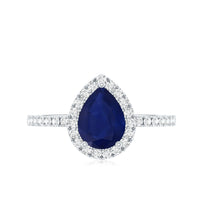 Natural Blue Sapphire and Diamond Teardrop Halo Engagement Ring