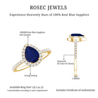 Natural Blue Sapphire and Diamond Teardrop Halo Engagement Ring