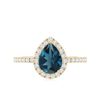 0.7 Carat Pear Shape London Blue Topaz Teardrop Engagement Ring with Diamond Halo
