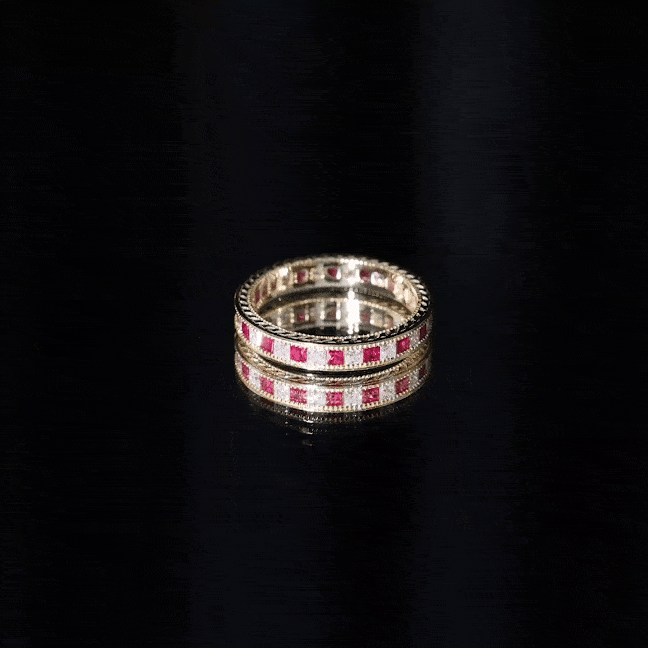 Certified natural princess cut ruby eternity ring with moissanite accents by Rosec Jewels, featuring yellow gold band and sparkling gemstones.