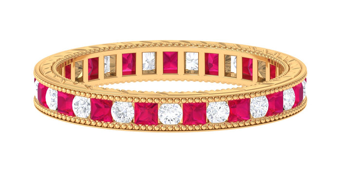 Certified natural princess cut ruby eternity ring with moissanite stones by Rosec Jewels, showcasing sparkling red rubies and elegant design.