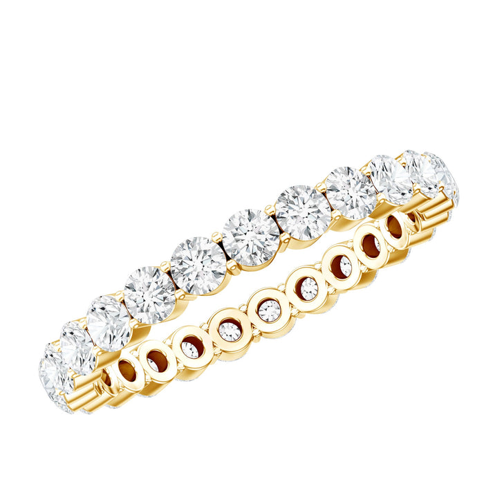 Prong set moissanite eternity wedding band ring for women by Rosec Jewels, featuring sparkling stones in a continuous circle design.