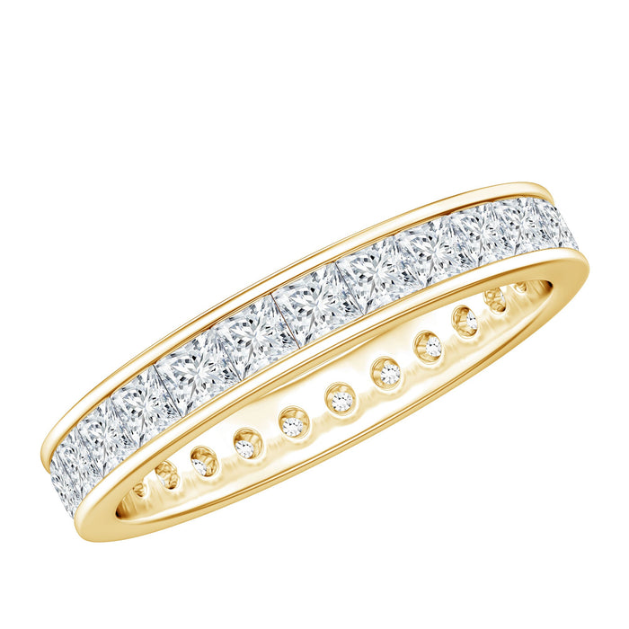 Princess cut moissanite eternity band ring in channel setting, showcasing sparkling gemstones in a sleek, elegant jewelry design.