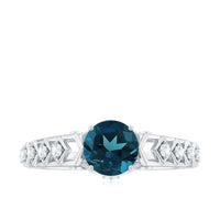 Art Deco Style Blue Topaz Engagement Ring with Moissanites