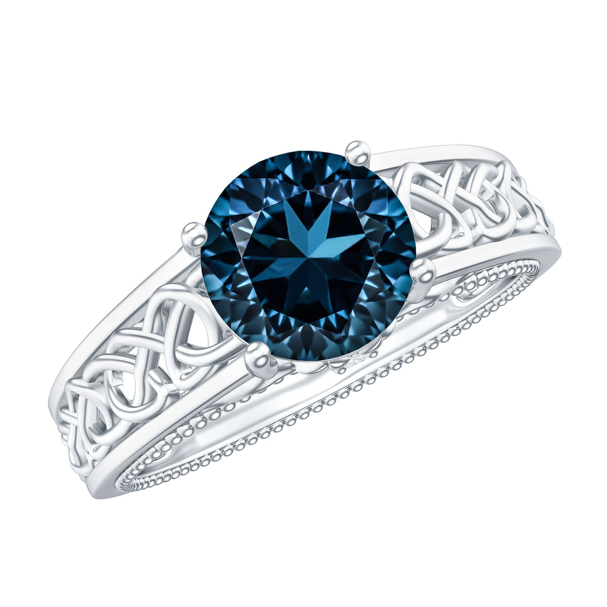 Round 1.35 carat London Blue Topaz vintage engagement ring with Celtic style band, Rosec Jewels jewelry.
