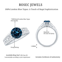 Round 1.35-carat London Blue Topaz vintage engagement ring with Celtic-style band by Rosec Jewels, featuring intricate metalwork.