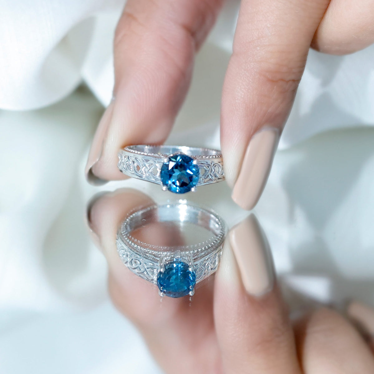 Round 1.35 Carat London Blue Topaz vintage engagement ring with Celtic-style band by Rosec Jewels, showcasing intricate design and sparkling gemstone.