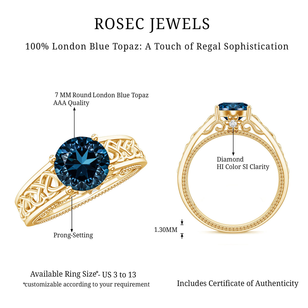 Round 1.35 carat London Blue Topaz vintage engagement ring with Celtic style band by Rosec Jewels, showcasing intricate metalwork.