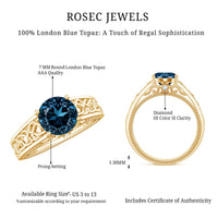 Round 1.35 carat London Blue Topaz vintage engagement ring with Celtic style band by Rosec Jewels, showcasing intricate metalwork.