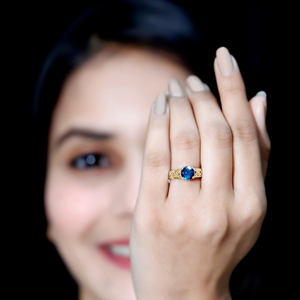 Round 1.35 carat London Blue Topaz vintage engagement ring with Celtic style band by Rosec Jewels, showcasing intricate design and gemstone.