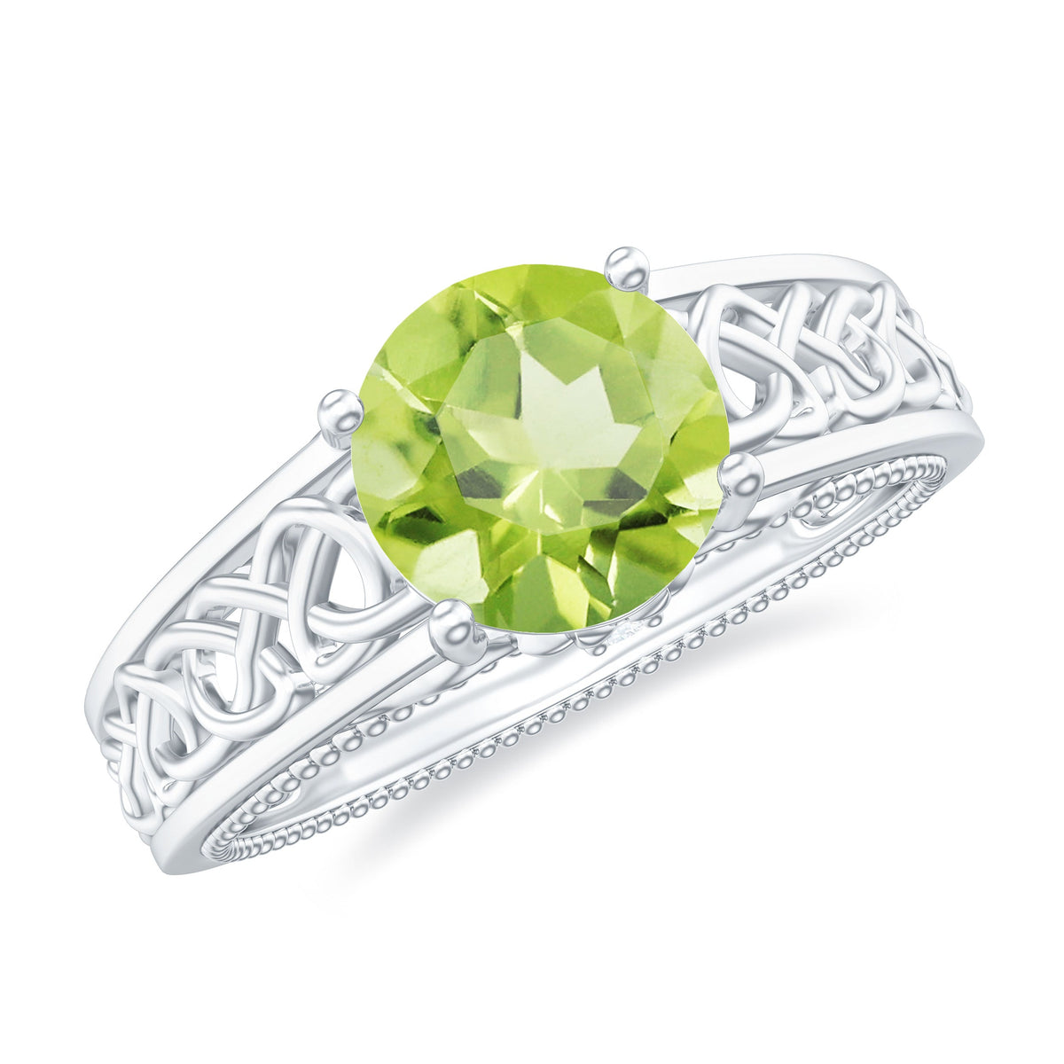 Real 2 Carat Peridot Celtic Knot Engagement Ring with Surprise Diamond from Rosec Jewels, featuring intricate Celtic design and sparkling gemstone.