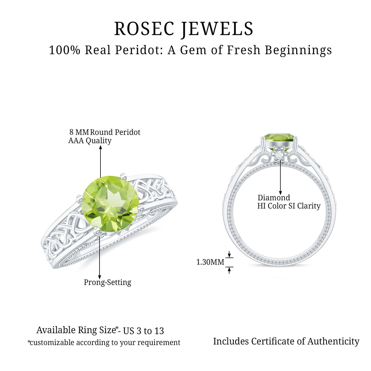 Real 2 Carat Peridot Celtic Knot Engagement Ring with Surprise Diamond by Rosec Jewels, featuring intricate Celtic design and sparkling accents.