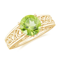 Real 2 Carat Peridot Celtic Knot engagement ring with a hidden diamond setting, featuring intricate Celtic design and rose gold finish.