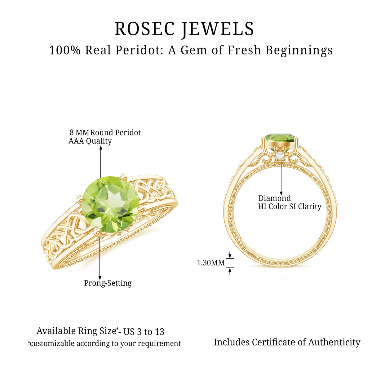 Real 2 Carat Peridot Celtic Knot Engagement Ring with Surprise Diamond, featuring intricate gold band and detailed Celtic design.